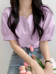 Chic Summer Soft Breeze Square Collar Open Cardigan ort Sve Loose Slimming Versatile Purple Women's irt Korean Sle