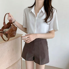Ele Chiffon irt ort Sve Summer New Loose Collar  Ne White Top Women's Faion Commute Sle Straight Cut