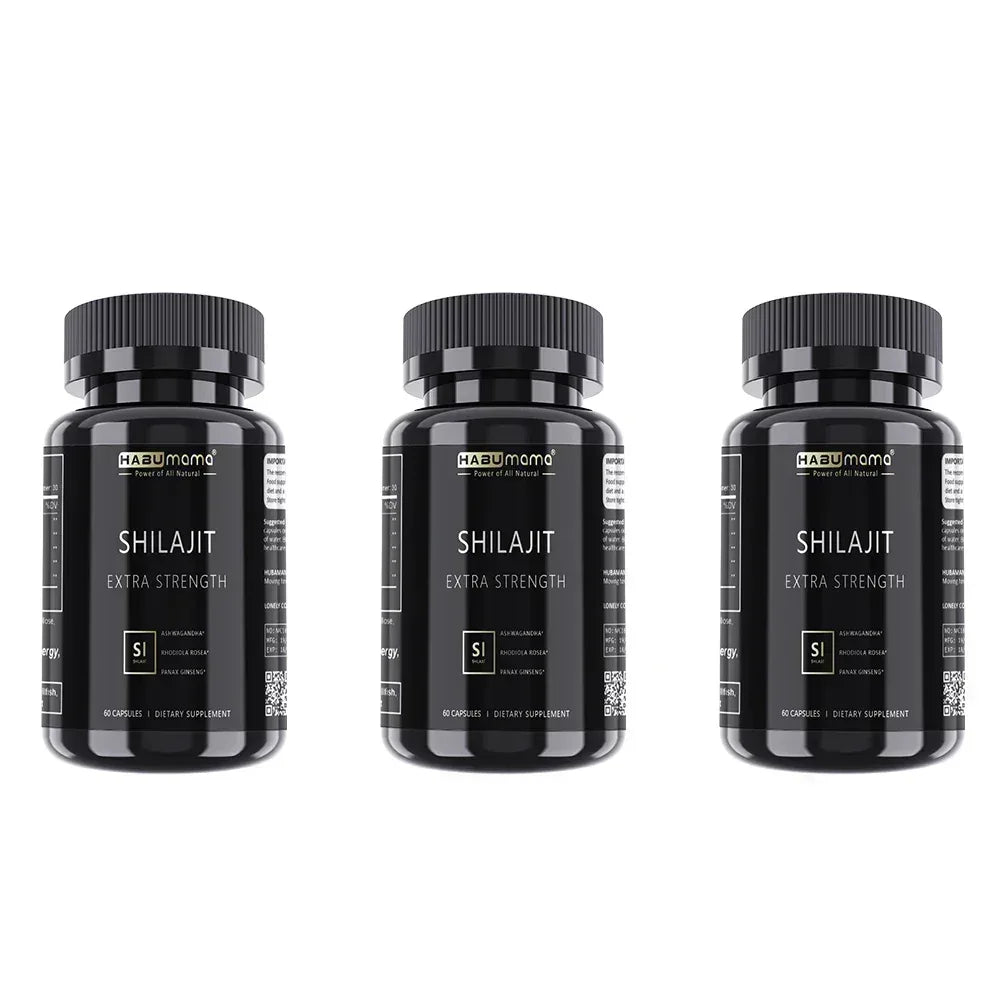 Three black Shilajit extra strength supplement bottles with ribbed caps