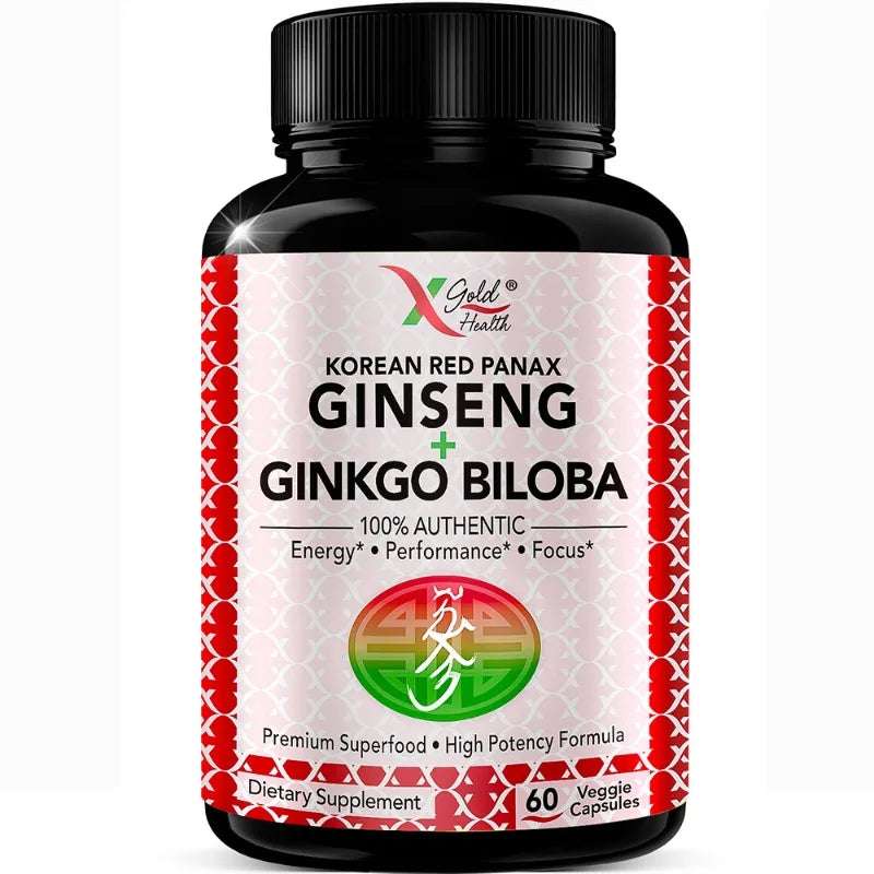 Korean Red Ginseng + Ginkgo Super Energy, Vegetarian Capsules for Energy, Performance and Focus for Men and Women