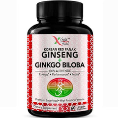 Korean Red Ginseng + Ginkgo Super Energy, Vegetarian Capsules for Energy, Performance and Focus for Men and Women