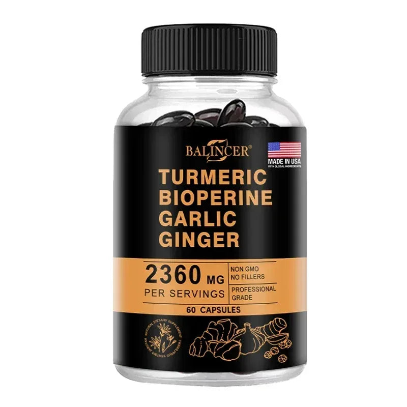 Turmeric supplement bottle with black cap, 2360 mg, 60 capsules label