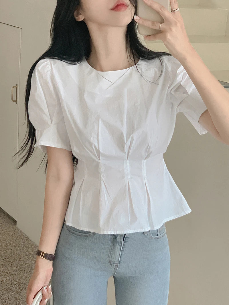Summer New Waist-Cinching Slimming T-irt with Bow ort Sve Bubble Sve Hemmed Doll irt Faionable Women's Top