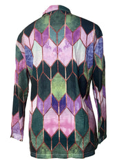 Elegant Women's Polo Zipper Top - Geometric Design, Stretch & Durable, Versatile Office Wear