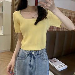 Slim Fit ort Sve Ice Silk Knitted irt Women's Faion Spring Summer Thin Sle Square Collar Princ Sve Top