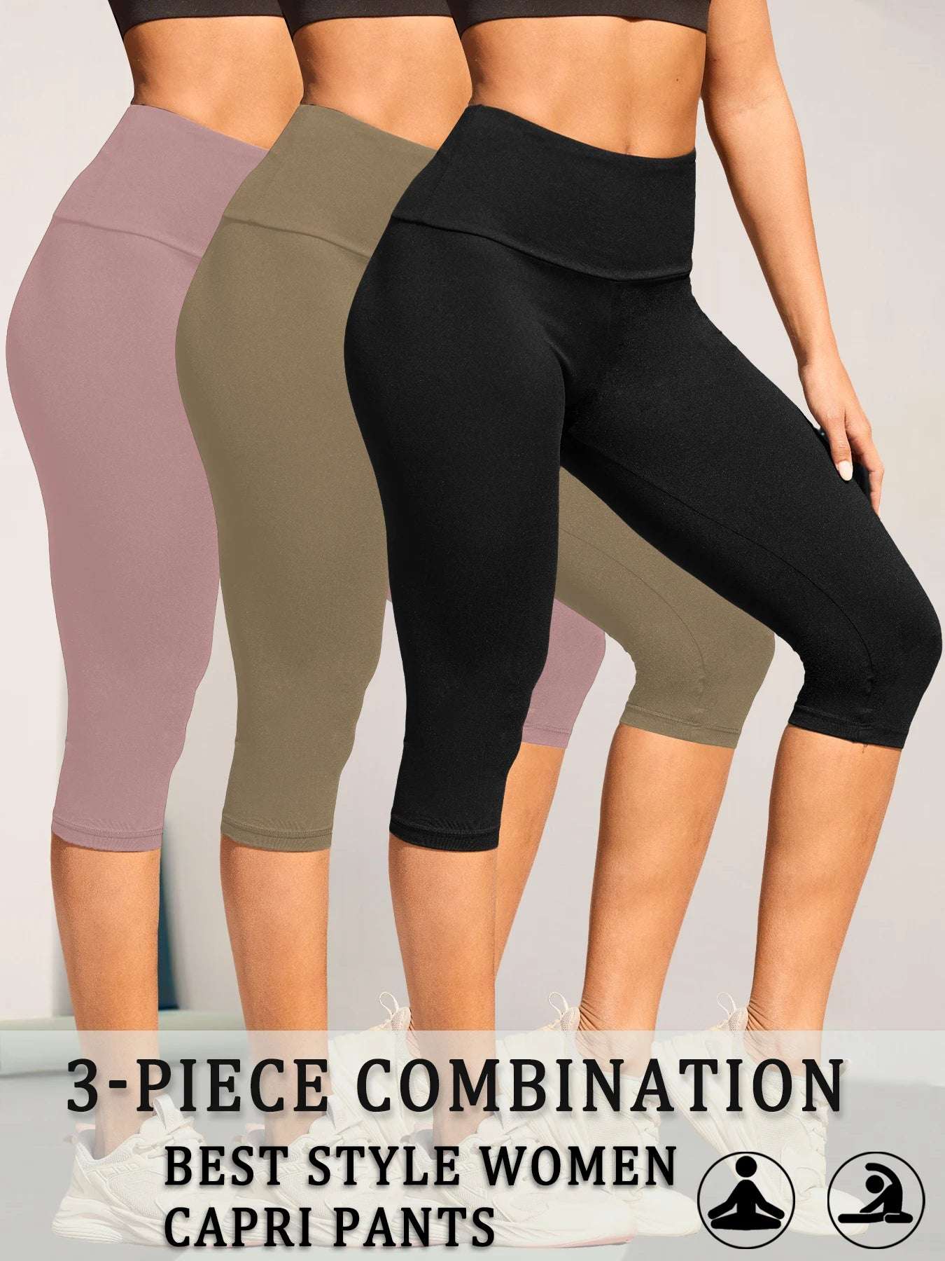 3 Pack Women's High Waisted Capri Super Soft Tummy Control No See Through Workout Yoga Running Athletic Push Up Gym Leggings