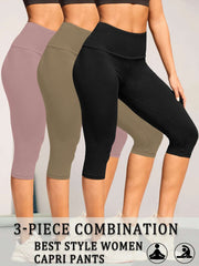 3 Pack Women's High Waisted Capri Super Soft Tummy Control No See Through Workout Yoga Running Athletic Push Up Gym Leggings