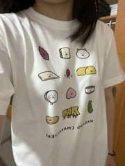 Korean Sle Pure Cotton ort Sve T-irt ex Casual Streetwear Cartoon Print Top Trendy Commute Faion Cotton 00%