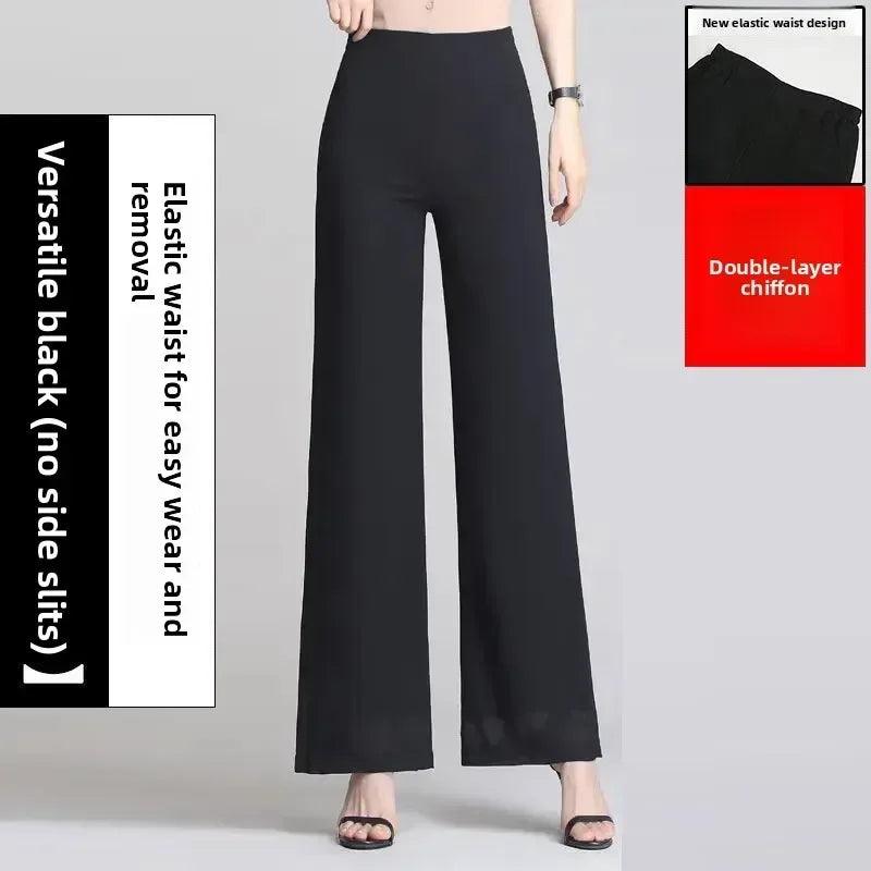 Black double-layer chiffon wide-leg pants with elastic high waist, drapey flow