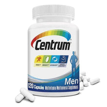 Centrum Men multivitamin bottle with 120 capsules and white cap