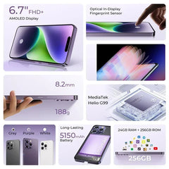 هاتف OUKITEL P1 الذكي بشاشة AMOLED مقاس 6.7 بوصة ومعالج MTK Helio G99 وذاكرة وصول عشوائي (8 جيجابايت) وذاكرة تخزين داخلية (256 جيجابايت) وكاميرا 50 ميجابكسل وبطارية 5150 مللي أمبير في الساعة ونظام NFC ونظام تشغيل Android 14
