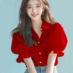 Ele Yellow Bubble Sve irt Thin Top Women's Faion Summer New Unique Beautiful High-End Feel Loose Fit  Collar