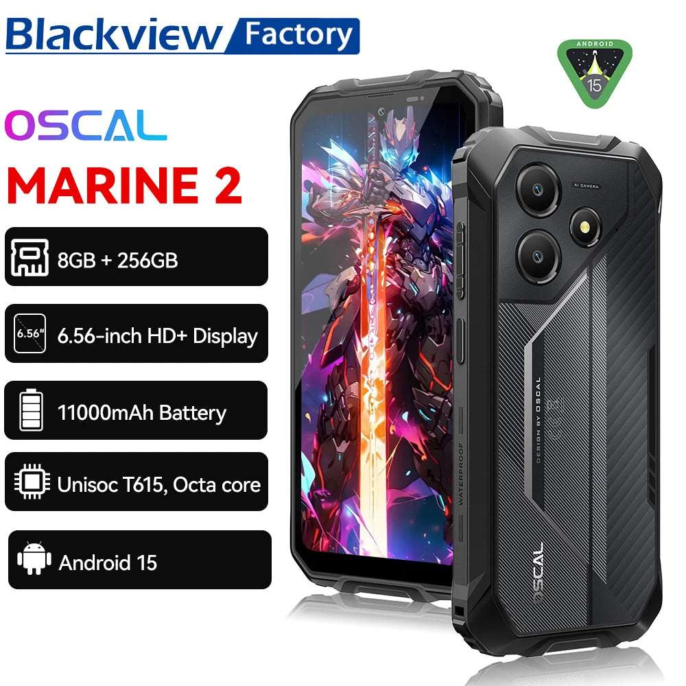 Blackview OSCAL Marine 2 Rugged Phone 8GB RAM 256GB Smartphone AI 11000mAh Battery 6.56 " HD+Display Unisoc T61 Android 15 NFC