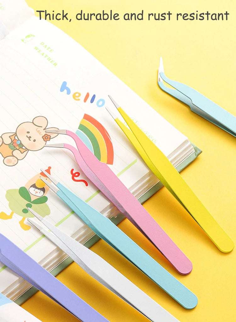 Stainless Steel Straight Curved Tweezers Colorful Pink Blue Purple DIY Eyelash Tweezer Nail Art Sticker Rhinestones Picking Tool
