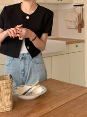 Chic Korean Sle round Ne Metal Single Button Loose ort Sve Outerwear for Women Summer Faion Commute Pure Color