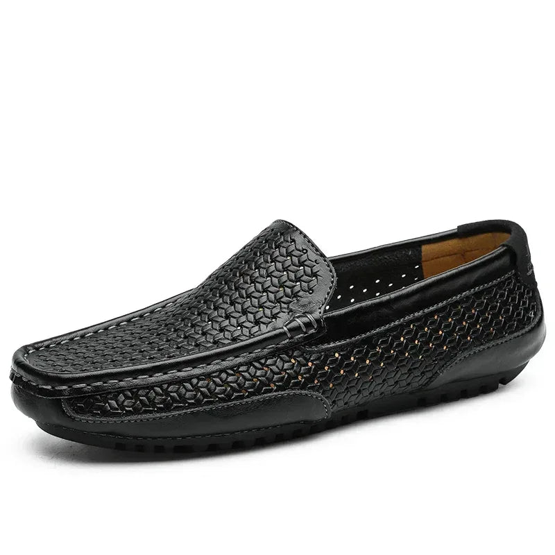 Men's black woven slip-on loafer with moc toe and rubber tread sole