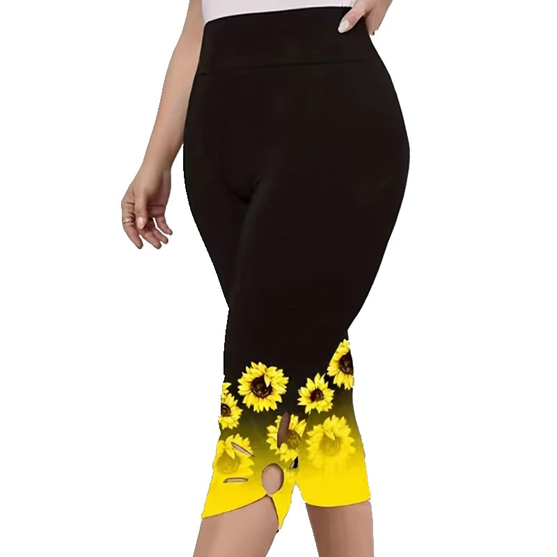 Plus Size 1XL-8XL Women’s Sunflower Print Leggings Fashionable Cut Out Comfortable Finess Capri Curvy Ladies Perfect Casual Wear