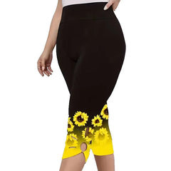 Plus Size 1XL-8XL Women’s Sunflower Print Leggings Fashionable Cut Out Comfortable Finess Capri Curvy Ladies Perfect Casual Wear