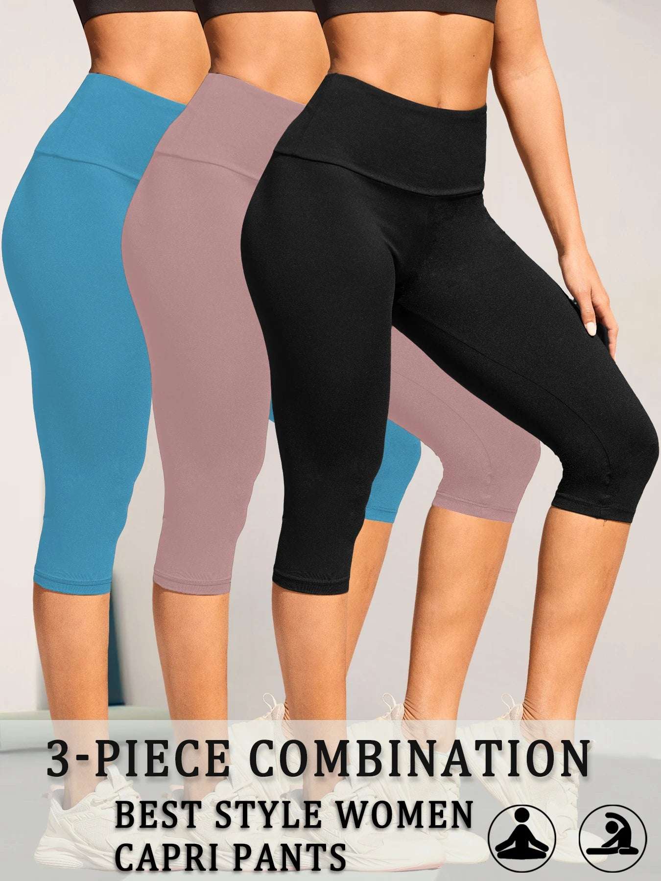 3 Pack Women's High Waisted Capri Super Soft Tummy Control No See Through Workout Yoga Running Athletic Push Up Gym Leggings