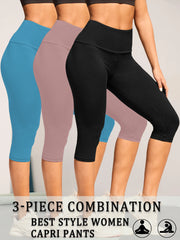 3 Pack Women's High Waisted Capri Super Soft Tummy Control No See Through Workout Yoga Running Athletic Push Up Gym Leggings