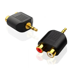 محول مقسم ستيريو مطلي بالذهب مقاس 3.5 مم إلى 2-RCA ذكر إلى أنثى أحمر + أبيض محول RCA مزدوج للتلفزيون