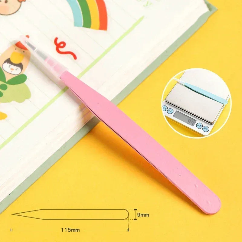 Curved stainless steel tweezer with pink handle and fine pointed tip
