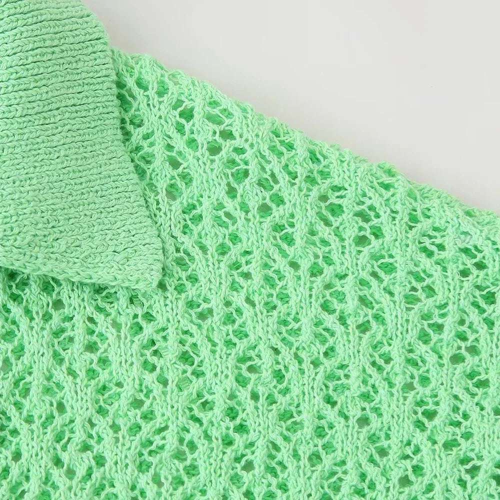 Women Fashion New Short Sleeve Jacquard Mesh Loose Polo Collar Sweater Pullover Tops Chic Female Knit Sweaters Mujer