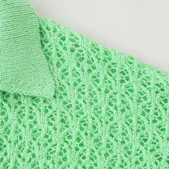 Women Fashion New Short Sleeve Jacquard Mesh Loose Polo Collar Sweater Pullover Tops Chic Female Knit Sweaters Mujer