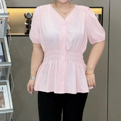 200 Pounds Plus Size Elastic Waist Summer Shirt And Blouse Short Sleeve Solid Top Women's New In Clothes Simple V-neck French