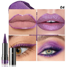 Lavender matte pearl glitter lipstick swatch on lips and eyes with applicator tube shown.