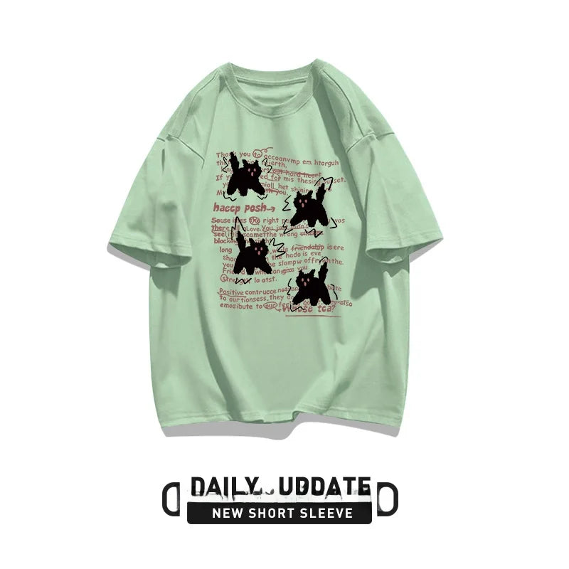 Cute Cartoon  ort Sve T-irt Women's Summer Casual Loose Fit plus Size American Sle Cotton Top Korean Version