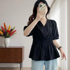 200 Pounds Plus Size Elastic Waist Summer Shirt And Blouse Short Sleeve Solid Top Women's New In Clothes Simple V-neck French