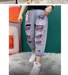High Waist Skinny Jeans Women's Thin Denim Pants Bell Bot Casual Loose Fit Nine-Tenths Length Hole Design Harlan Sle