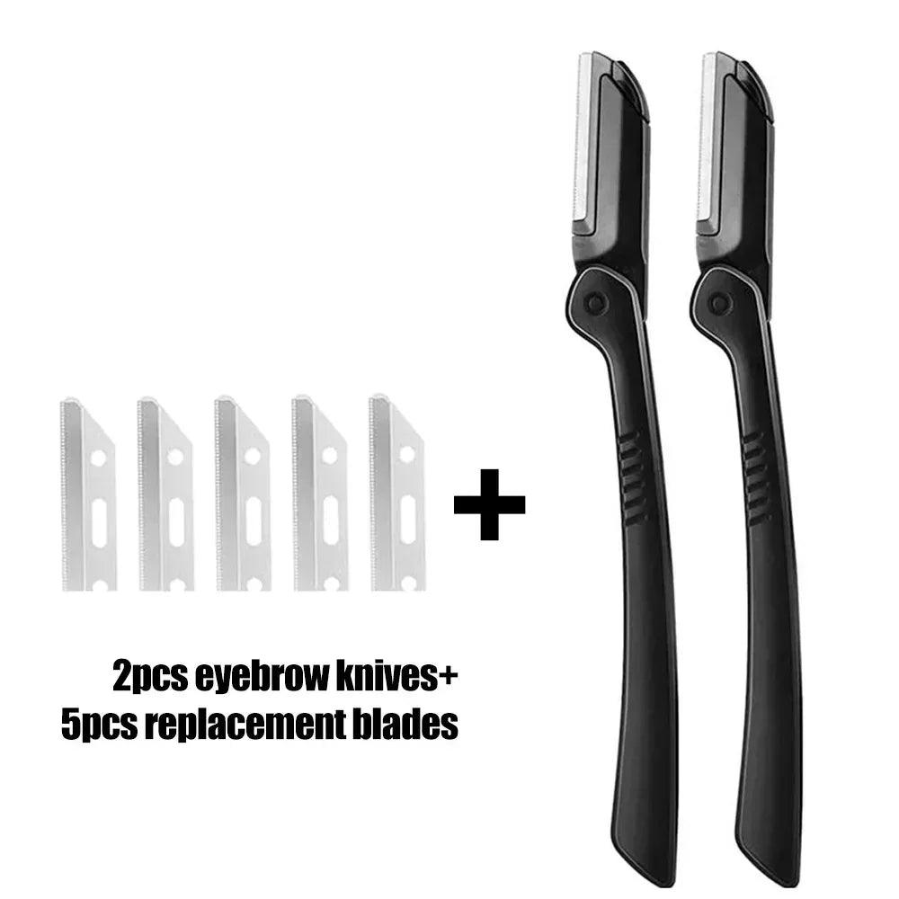 Eyebrow razor set with two black handles and replacement blade pack