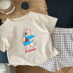 Cartoon Pattern Children Short Sleeved Suit T-shirt Outfits Summer Clothing Loose Fashion Casual Two Piece Set Plaid Shorts Set