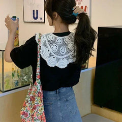 Women Shrugs Lace Hollow Out Female Summer Casual All-match Shawls Simple Scarf-collar Sleeveless Knitted Tops Korean Style Chic