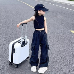 Girls Casual Cargo Pants Kids Solid Colour Sweatpants Children Vintage Streetwear Hip Hop Pants New Elastic Waist Baggy Trousers