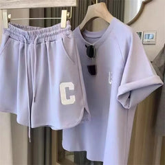 طقم نسائي صيفي فضفاض بأكمام قصيرة من قطعتين، تي شيرت، شورت كاجوال، بدلة كاجوال بطباعة رياضية، بيجامة قصيرة بمقاس كبير