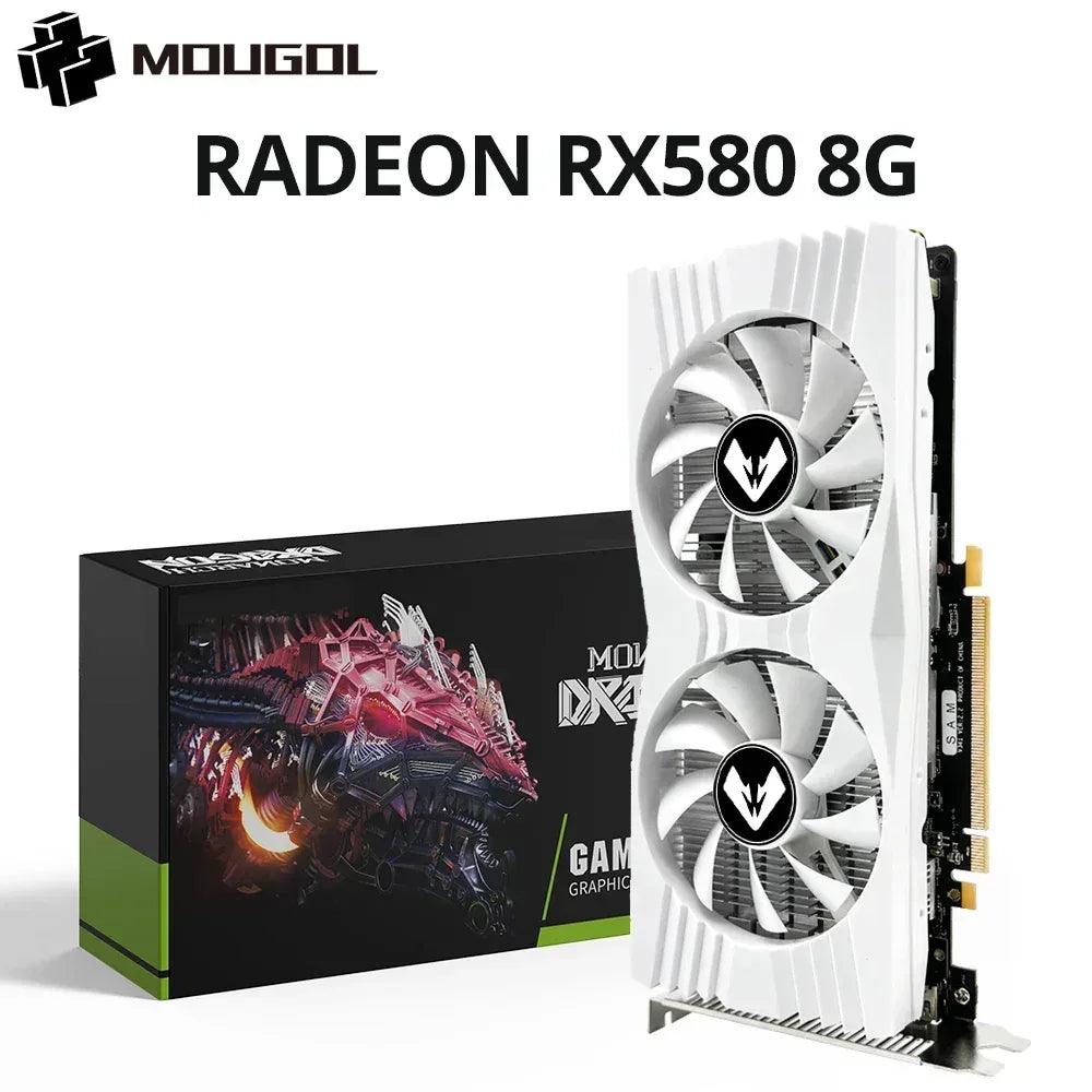 White Radeon RX580 graphics card with dual cooling fans and metal mounting bracket