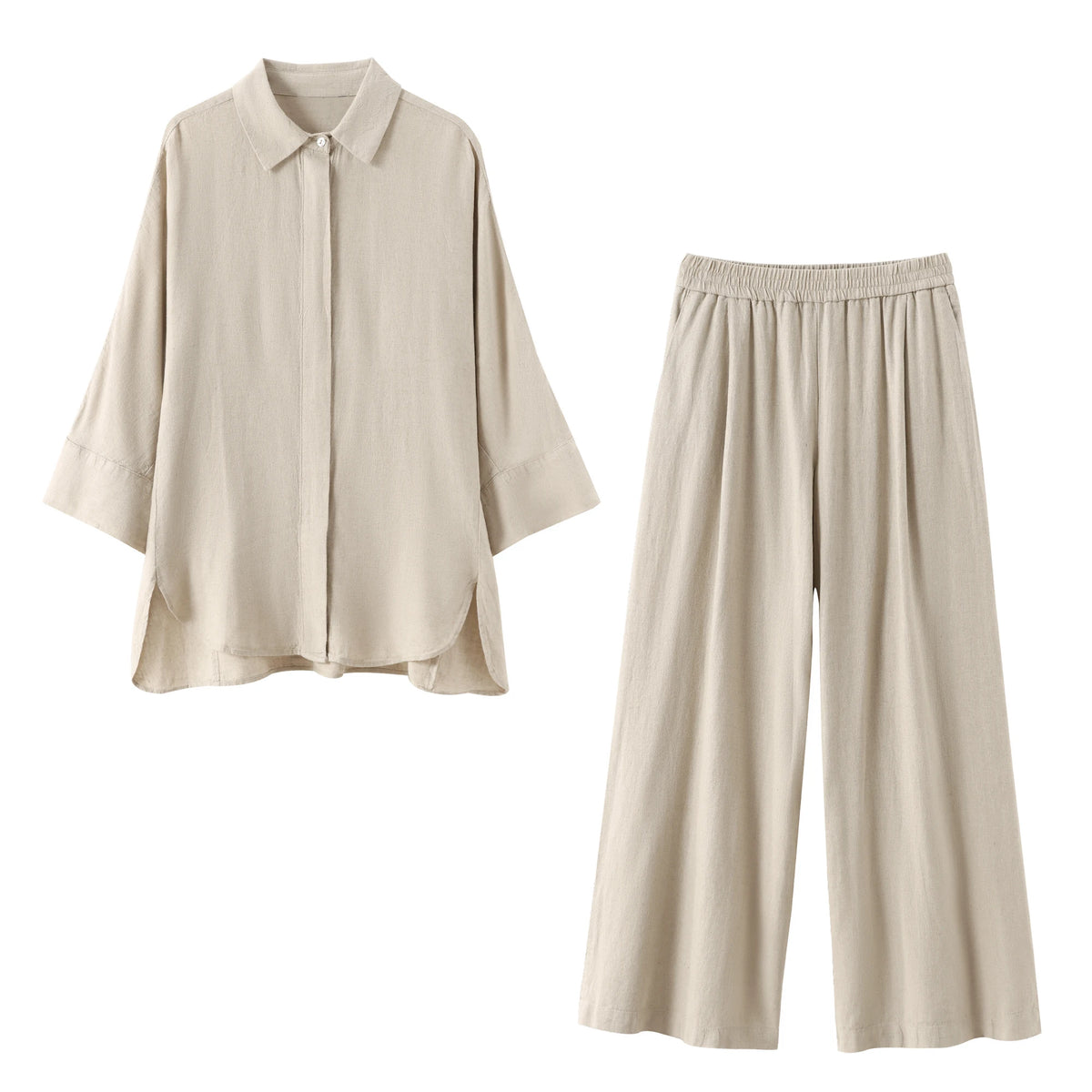 TRAFZA 2024 Women 2 Piece Set Elastic Waist Pocket Folds Decorate Wide Leg Pants+Solid Single-Breasted Slit Hem Blouse Top