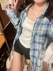 2024 New Blue Plaid irt Jaet Women's Loose Casual Meat Covering Middle Length irt Outerwear Trendy Forest System