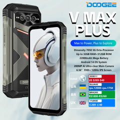 DOOGEE V Max Plus Rugged Phone 22000mAh 36GB(16+20) 512GB 200MP Camera Phone 6.58" 120Hz Dimensity 7050 Android14