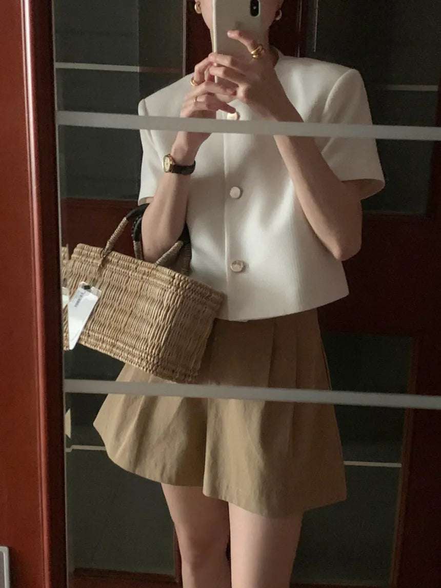 Chic Korean Sle round Ne Metal Single Button Loose ort Sve Outerwear for Women Summer Faion Commute Pure Color