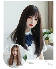 Korea Hair Extensions Synthetic Cute JK Girl Cosplay Air Bangs Wig Breathable Head Cover 50cm Long Straight Wig Hat for Women