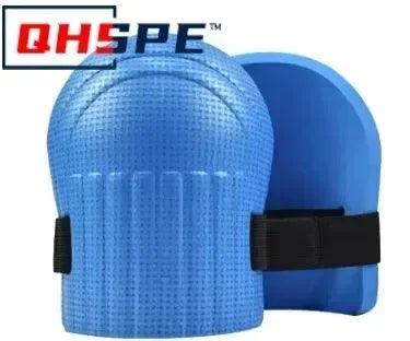 Blue knee protection pad with black elastic strap and rounded cap