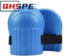 Blue knee protection pad with black elastic strap and rounded cap