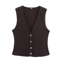 EDSA Women 2 Pcs Set V-Neck Single Breasted Solid Texture Casual Vest Top+High-Waisted Drawstring Wide Leg Pants