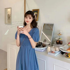 فستان نسائي صيفي من Faion بياقة مربعة من Sweet Retro Dr Tea Break First Love Long Bla Dr Waist Cinched