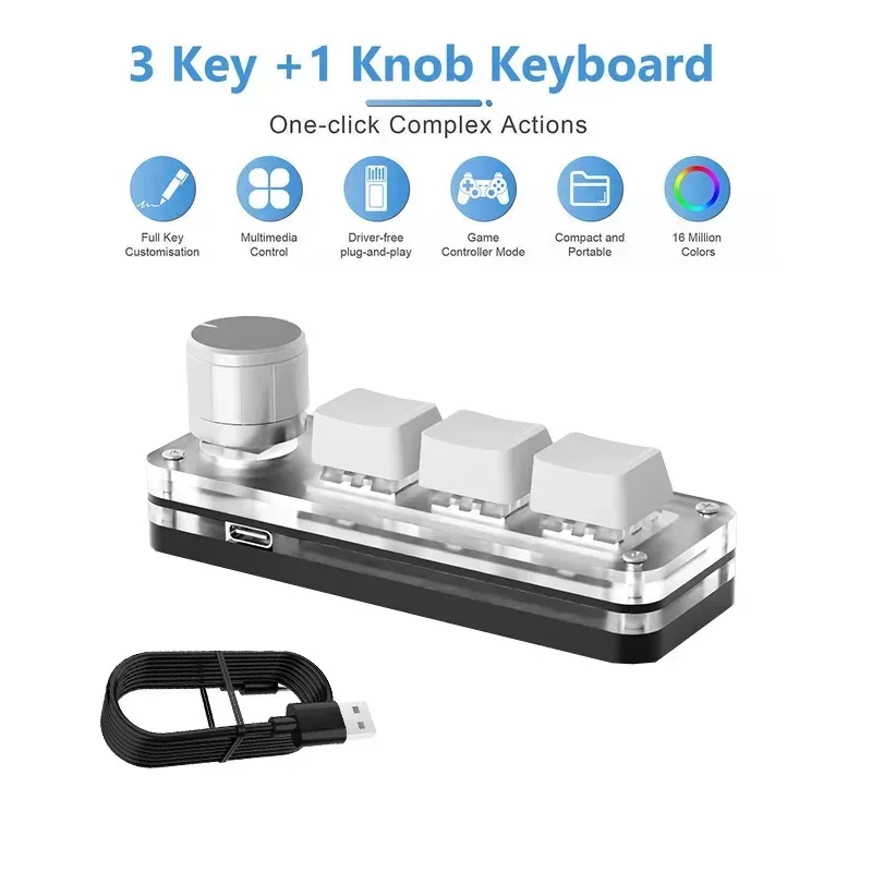 Mini 3-key keyboard with light knob, white keys, and USB cable
