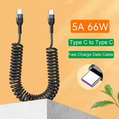 كابل USB Type C 66W Car 5A للشحن السريع من النوع C إلى النوع C كابل تلسكوبي زنبركي لهاتف iPhone 15 Samsung Huawei Xiaomi Redmi OnePlus